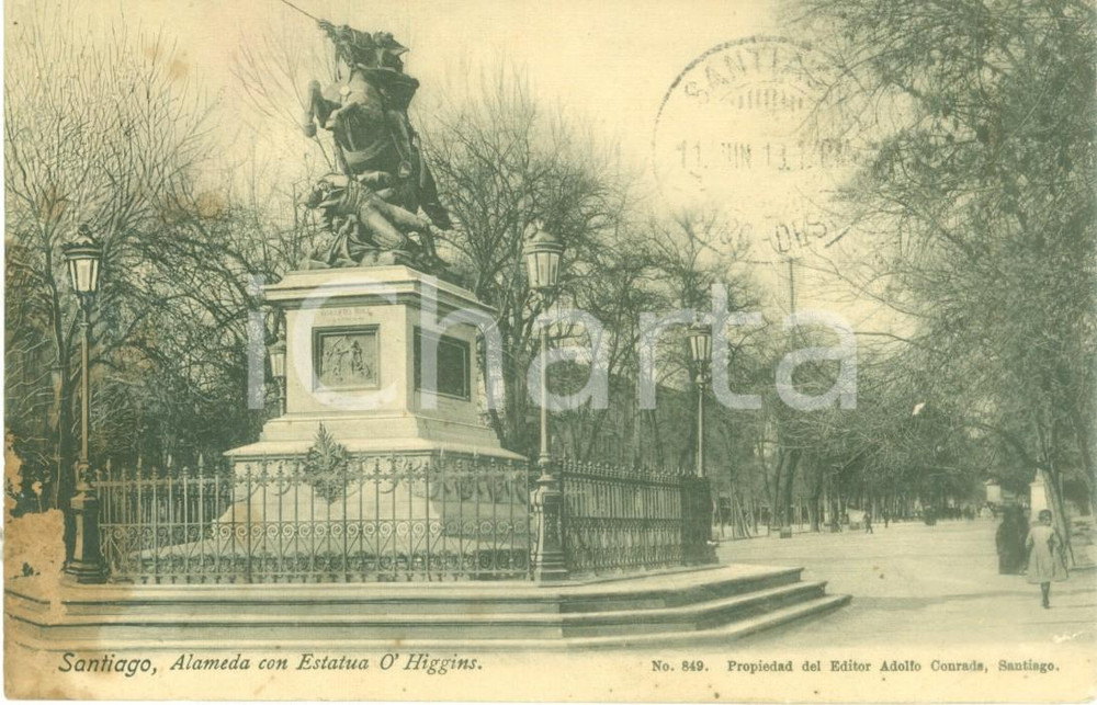Cartolina originale da collezione 1900 ca SANTIAGO DE CHILE Alamed con Estatua O HIGGINS Cartolina postale FP NV 1