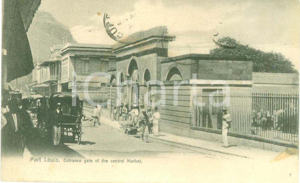 Cartolina originale da collezione 1908 PORT LOUIS MAURITIUS Carrozze all ingresso del mercato Cartolina FP VG 1