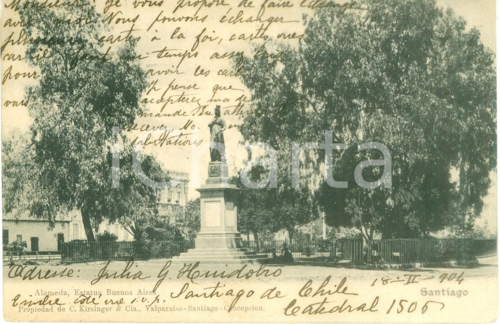 Cartolina originale da collezione 1904 SANTIAGO DE CHILE Statua BUENOS AIRES a ALAMEDA Cartolina postale FP VG 1
