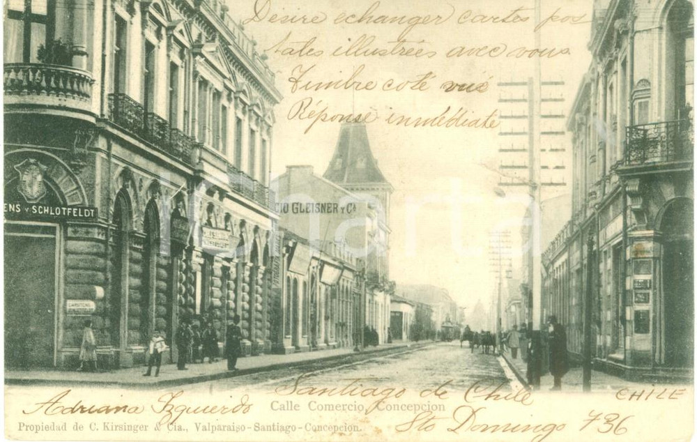 Cartolina originale da collezione 1900 CONCEPCION CHILE Calle Comercio affollata Cartolina postale FP NV 1