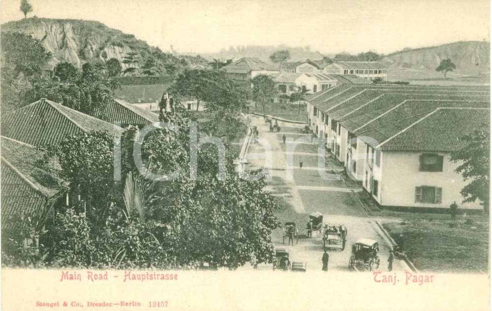 Cartolina originale da collezione 1900 ca SINGAPORE Strada principale di TANJONG PAGAR Cartolina ANIMATA FP NV 1