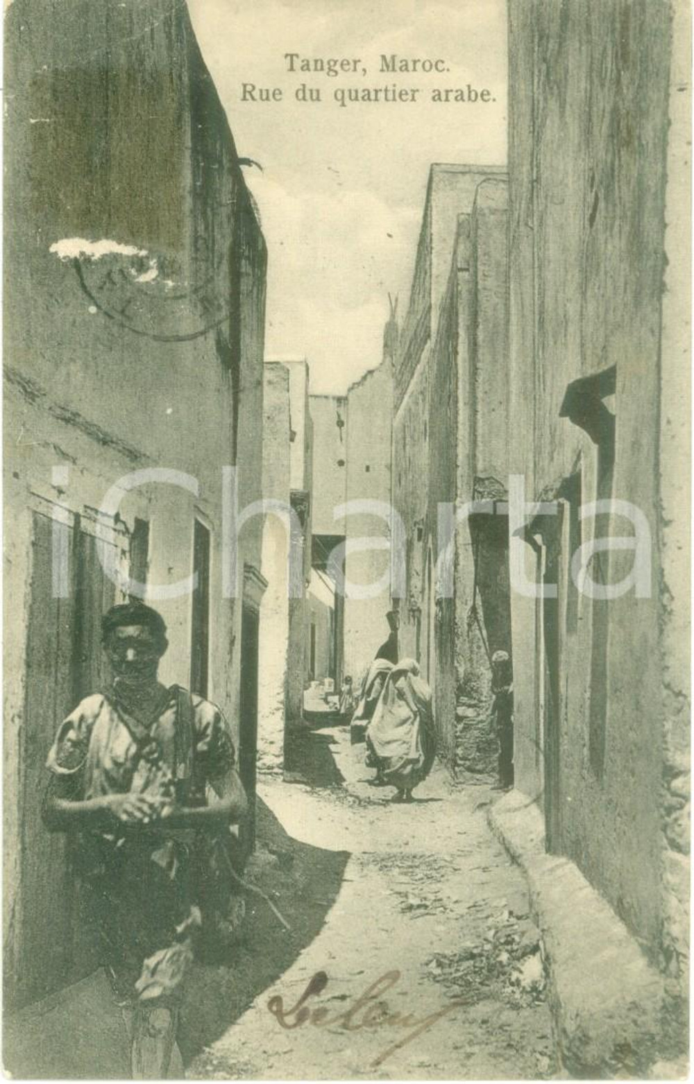Cartolina originale da collezione 1900 ca TANGERI MAROCCO Rue du quartier arabe Cartolina ANIMATA FP NV 1