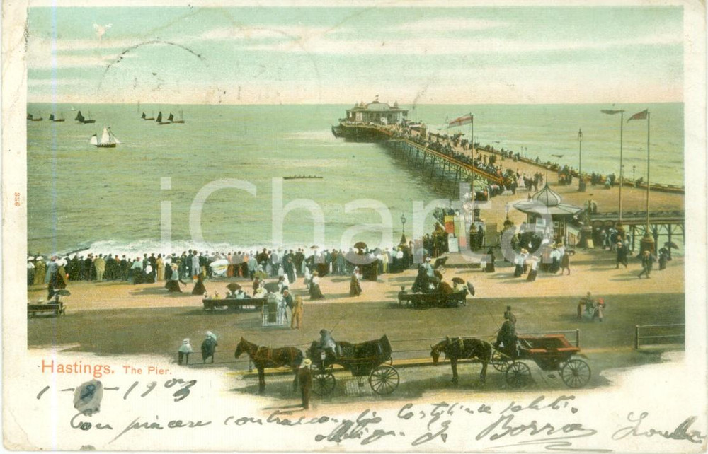 Cartolina originale da collezione 1903 HASTINGS UK Folla e carrozze in attesa della nave Cartolina FP VG 1