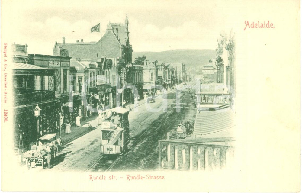 Cartolina originale da collezione 1900 ca ADELAIDE AUSTRALIA Tram e carretti in RUNDLE STREET Cartolina FP NV 1