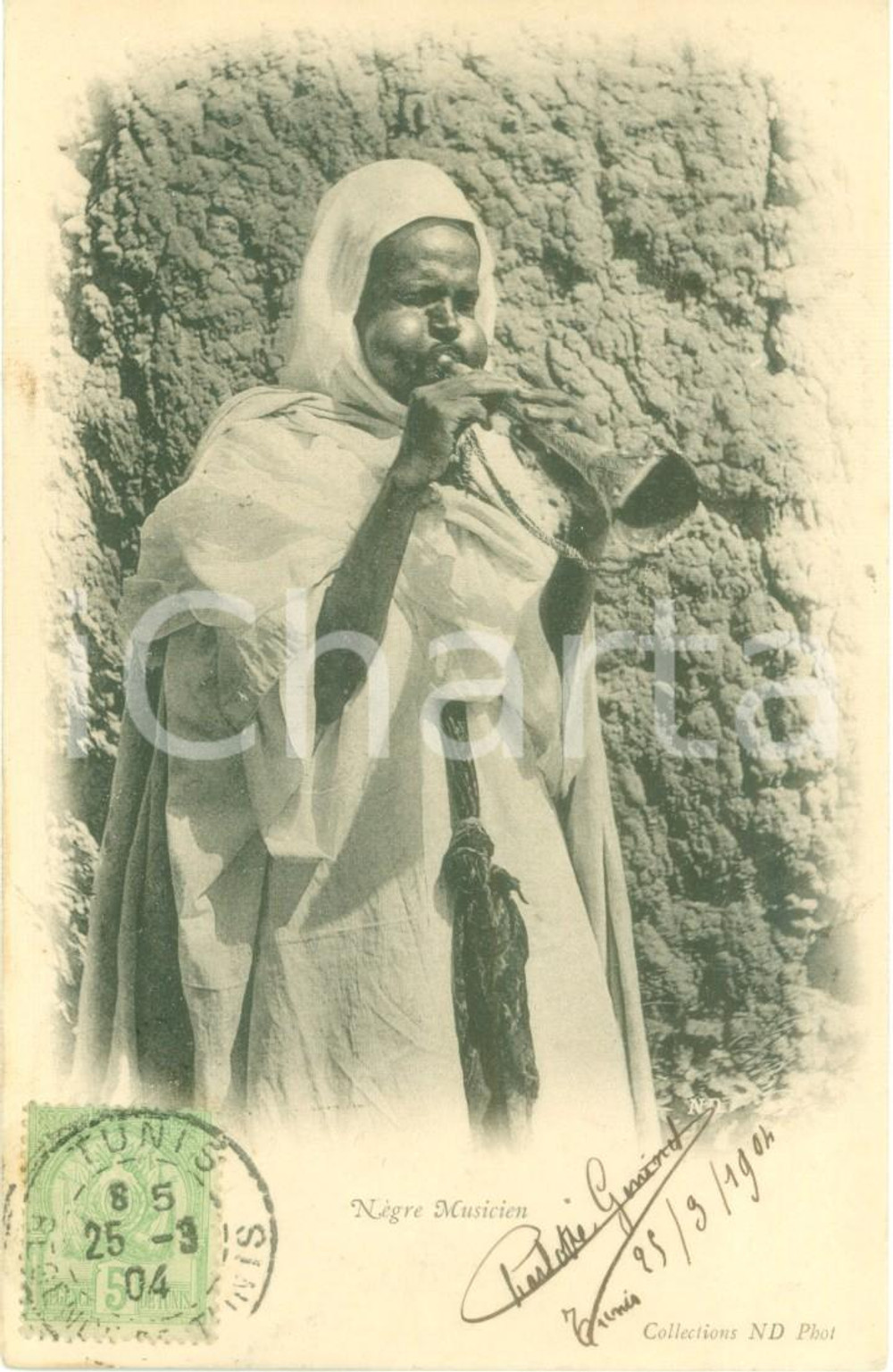 Cartolina originale da collezione 1904 TUNISI TUNISIA Musicista indigeno suona la tromba Cartolina FP VG 1