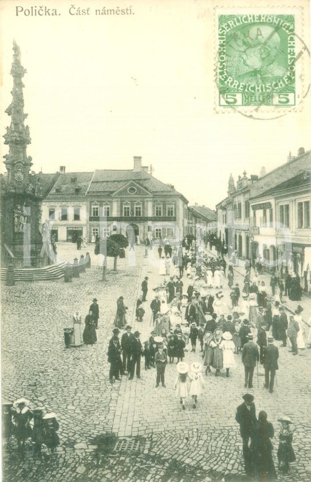Cartolina originale da collezione 1912 POLICKA REPUBBLICA CECA Folla di abitanti in piazza Cartolina FP VG 1