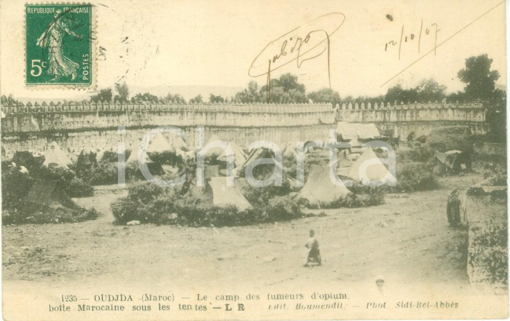 Cartolina originale da collezione 1907 OUJDA MAROC Accampamento dei fumatori d oppio Cartolina FP VG 1