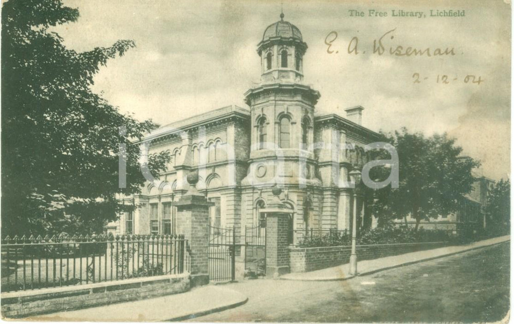Cartolina originale da collezione 1904 LICHFIELD UK Veduta della Free Library Cartolina FP VG 1