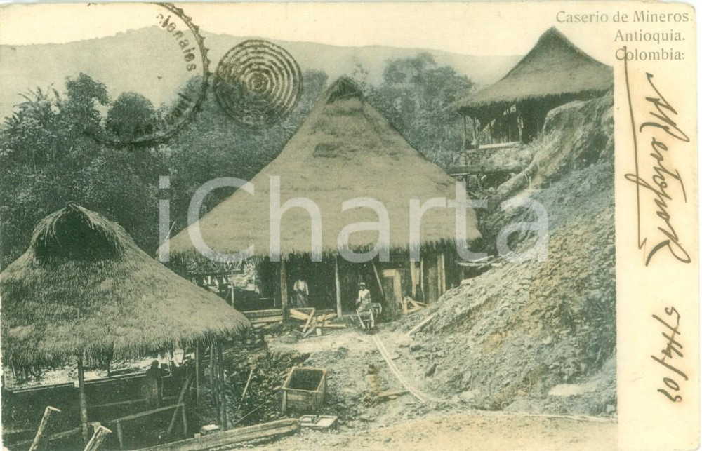 Cartolina originale da collezione 1909 ANTIOQUIA COLOMBIA Caserio de Mineros Cartolina ANIMATA FP VG 1