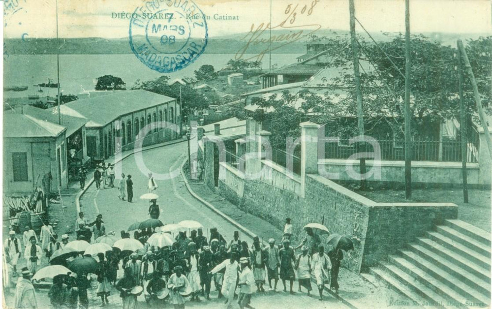 Cartolina originale da collezione 1908 DIEGO SUAREZ / ANTSIRANANA MADAGASCAR Rue du CATINAT Cartolina FP VG 1