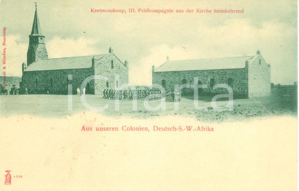 Cartolina originale da collezione 1900 ca KEETMANSHOOP NAMIBIA Truppe tedesche davanti alla chiesaCartolina FP NV 1