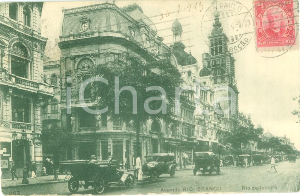 Cartolina originale da collezione 1913 RIO DE JANEIRO Traffico di auto in Avenida RIO BRANCO Cartolina FP VG 1