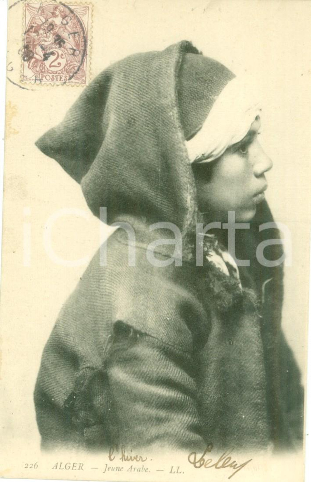 Cartolina originale da collezione 1908 ALGERI Ritratto di giovane arabo con cappuccio Cartolina FP NV 1