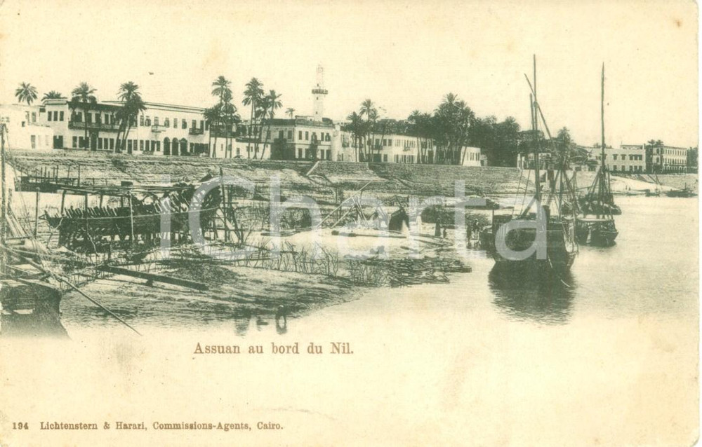 Cartolina originale da collezione 1900 ASSUAN EGITTO Navi in all ancora sul NILO Cartolina ANIMATA FP NV 1
