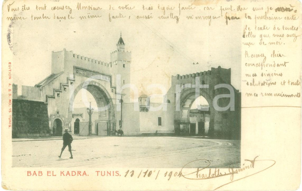 Cartolina originale da collezione 1904 TUNISI Veduta di BAB EL KHADRA Cartolina ANIMATA FP VG 1