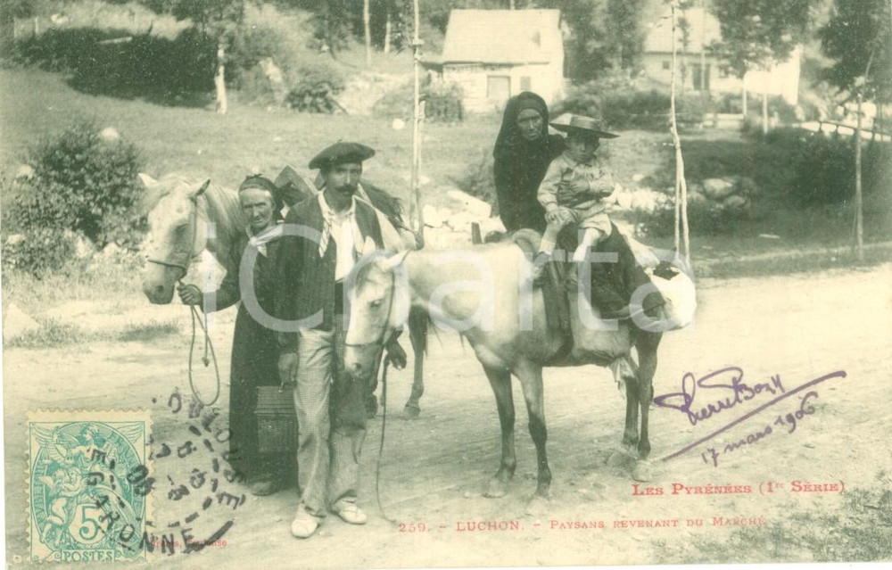 Cartolina originale da collezione 1906 BAGNERESDELUCHON F Contadini tornano dal mercato Cartolina FP NV 1