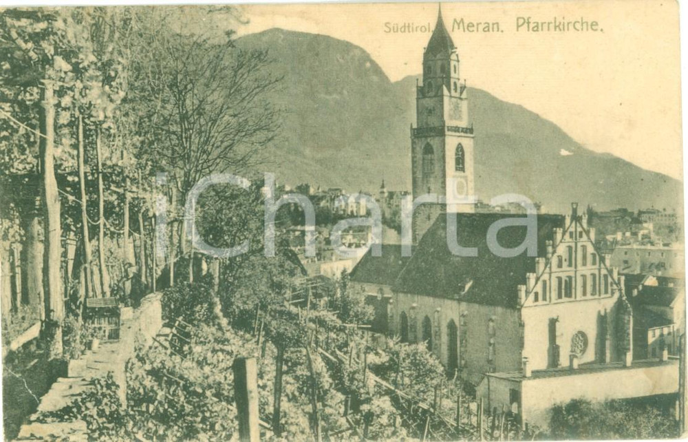 Cartolina originale da collezione 1906 MERANO BZ Veduta Chiesa parrocchiale Cartolina ANIMATA FP VG 1