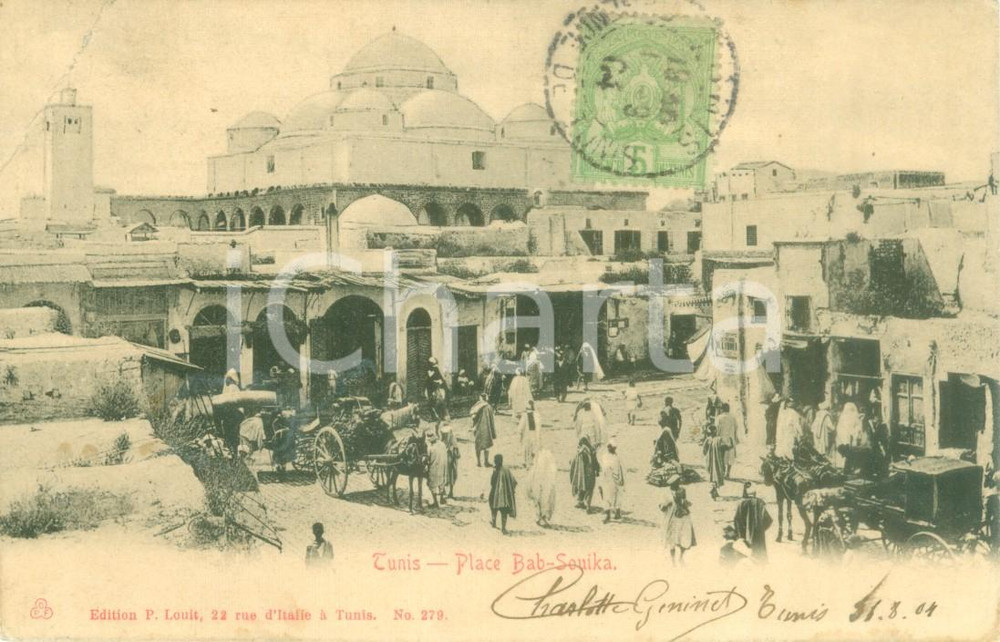 Cartolina originale da collezione 1904 TUNISI Folla in Piazza BABSOUIKA Cartolina ANIMATA FP VG 1