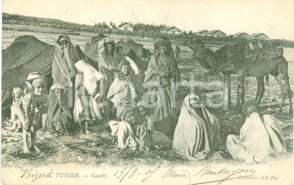Cartolina originale da collezione 1905 BIZERTE TUNISIA TribÃ¹ accampata nei gourbi Cartolina ANIMATA FP VG 1