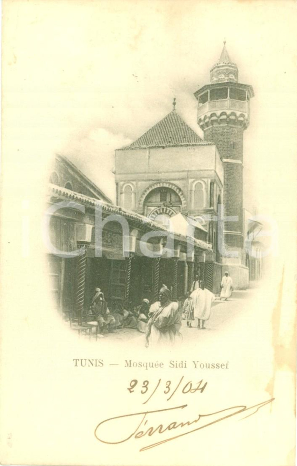 Cartolina originale da collezione 1904 TUNISI Arabi alla Moschea SIDI YOUSSEF Cartolina ANIMATA FP VG 1