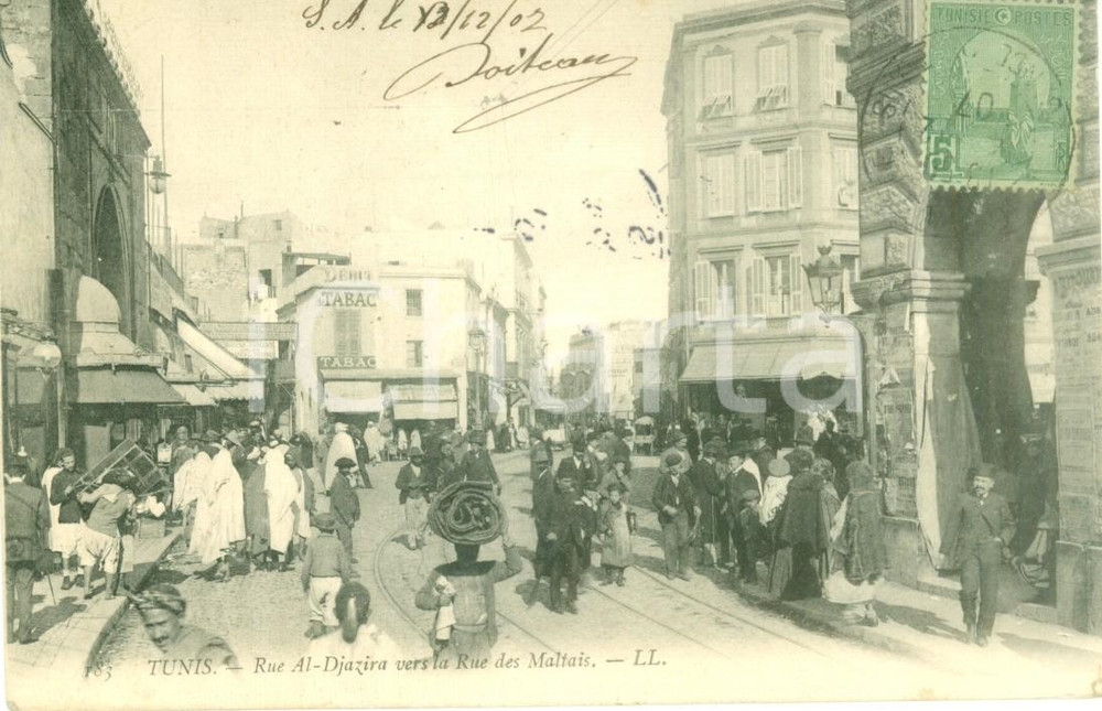 Cartolina originale da collezione 1907 TUNIS Rue AlDjazira vers la Rue des Maltais Cartolina ANIMATA FP VG 1