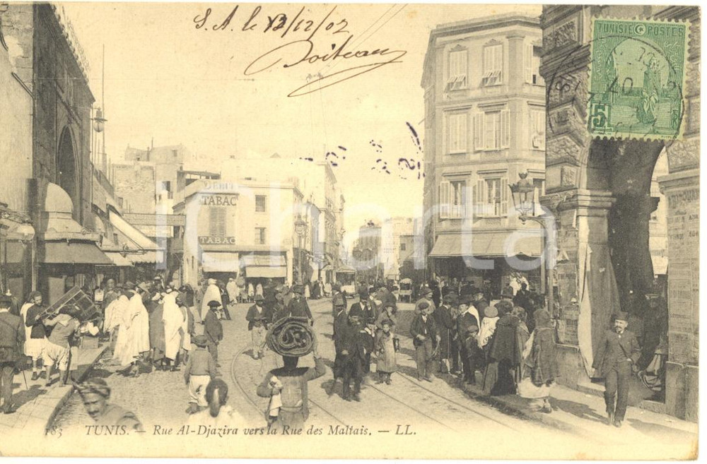 Cartolina originale da collezione 1907 TUNIS Rue AlDjazira vers la Rue des Maltais Cartolina ANIMATA FP VG 1