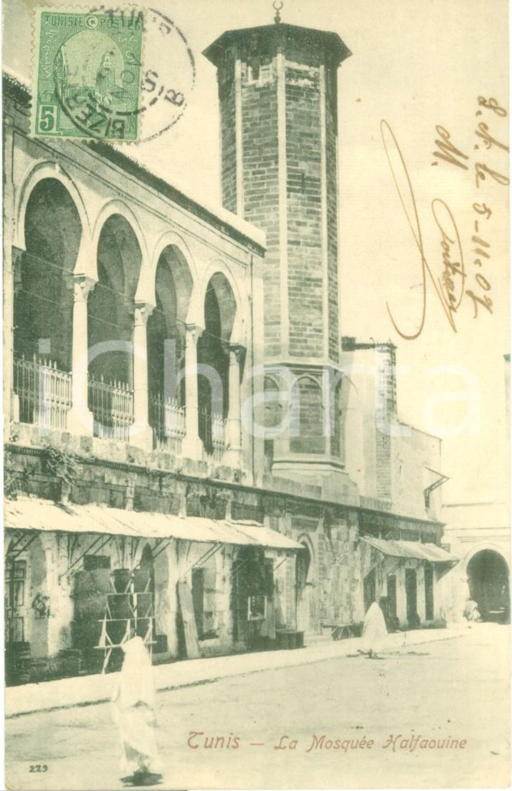 Cartolina originale da collezione 1907 TUNIS La MosquÃ©e HALFAOUINE Cartolina ANIMATA FP VG 1