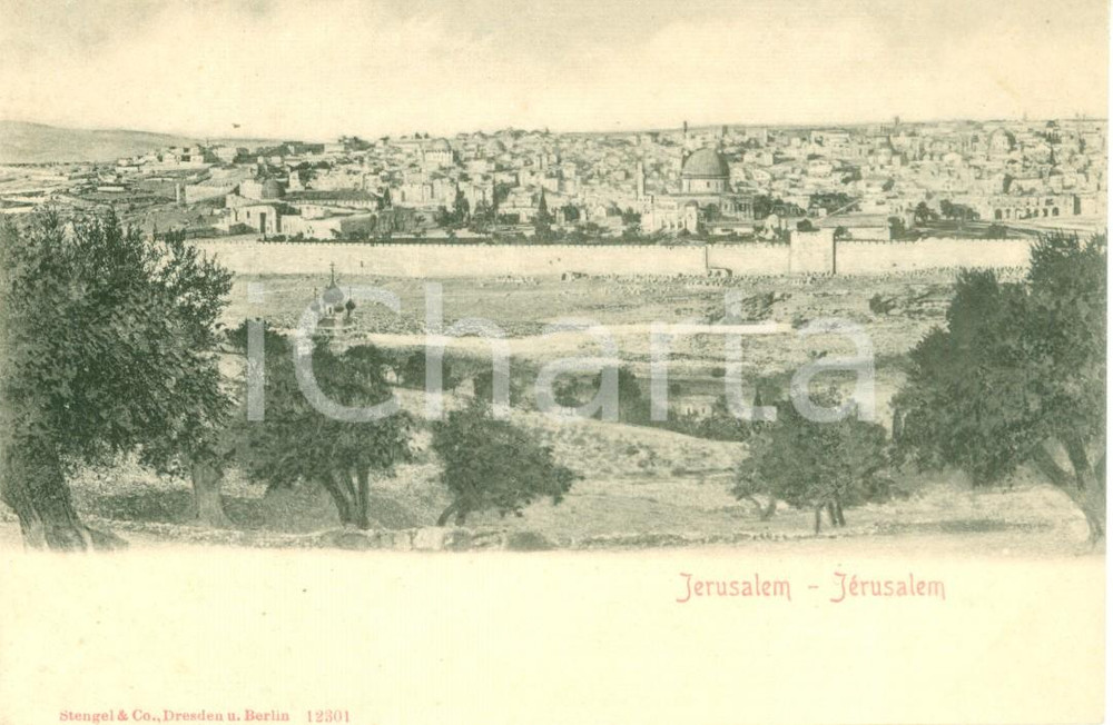 Cartolina originale da collezione 1900 ca JERUSALEM ISRAEL Panorama della città  e mura Cartolina ANIMATA FP NV 1