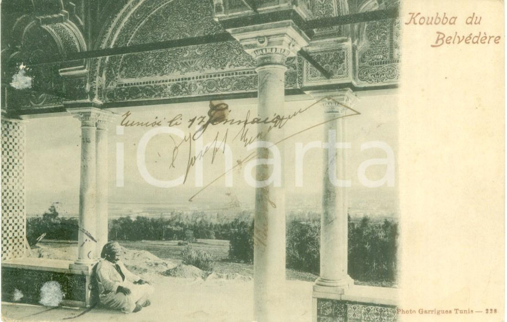 Cartolina originale da collezione 1910 ca TUNIS Arabo riposa a KOUBBA del BELVEDERE Cartolina ANIMATA FP VG 1