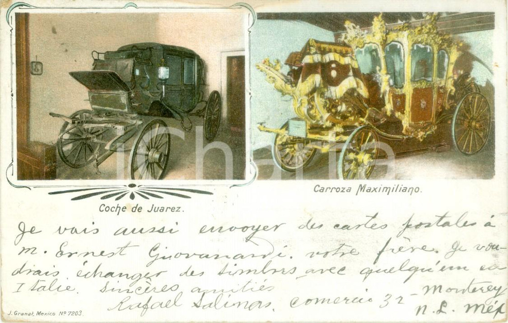 Cartolina originale da collezione 1900 ca MEXICO Coche de JUAREZ Carroza MAXIMILIANO Cartolina postale FP VG 1