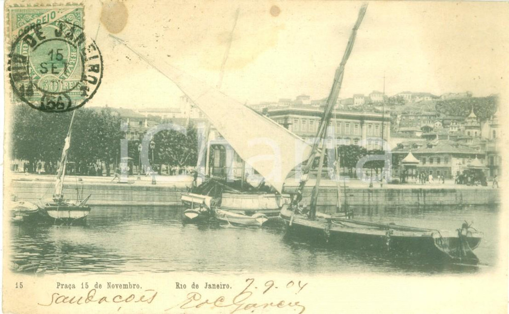 Cartolina originale da collezione 1904 RIO DE JANEIRO Barche al porto a PraÃ§a 15 DE NOVEMBRE Cartolina FP VG 1