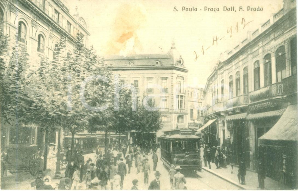 Cartolina originale da collezione 1910 ca SAO PAULO BRASILE Tram in PraÃ§a Dott. A. PRADO Cartolina postale FP VG 1