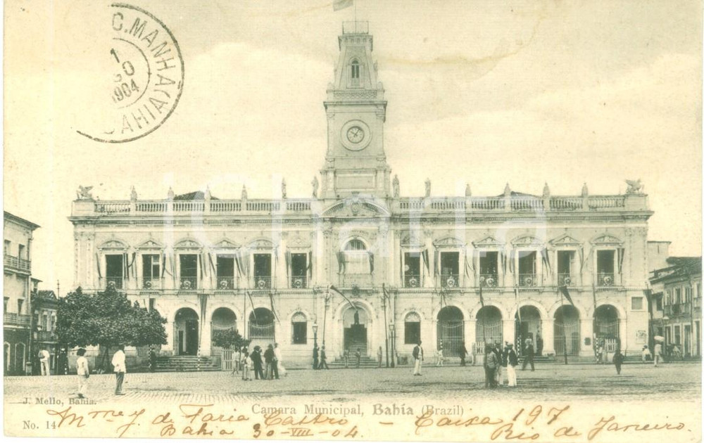Cartolina originale da collezione 1904 SALVADOR DA BAHIA BRASIL Camara Municipal Cartolina ANIMATA FP VG 1