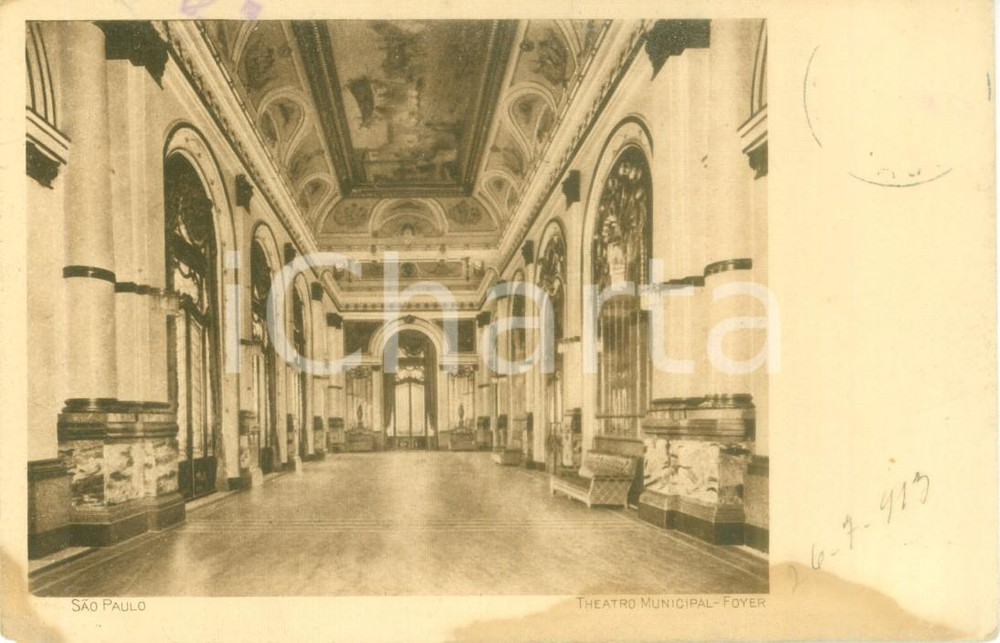 Cartolina originale da collezione 1913 SAO PAULO BRASIL Theatro Municipal  Foyer Cartolina DANNEGGIATA FP VG 1