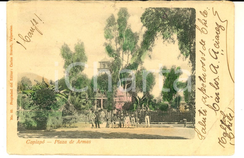 Cartolina originale da collezione 1905 COPIAPO  CHILE Plaza de ARMAS Cartolina VINTAGE animata con bambini 1