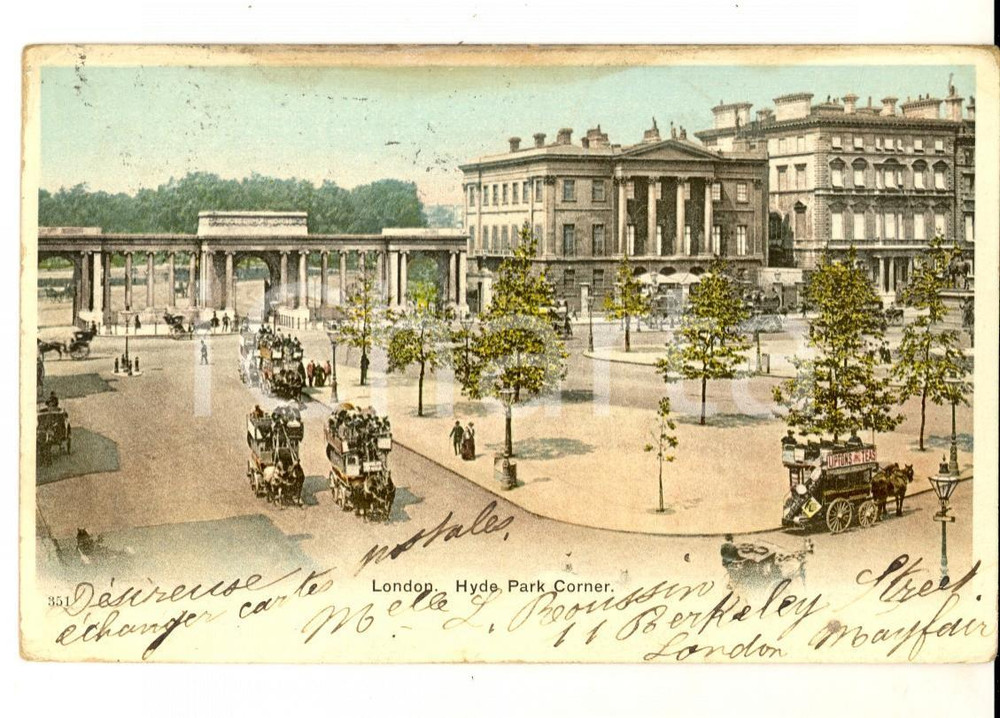 Cartolina originale da collezione 1903 LONDON Hyde Park Corner Cartolina VINTAGE animata con carrozze FP VG 1