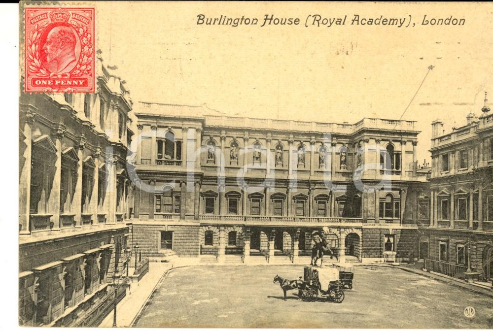 Cartolina originale da collezione 1910 LONDON Burlington House Royal Academy Cartolina animata con carrozze 1