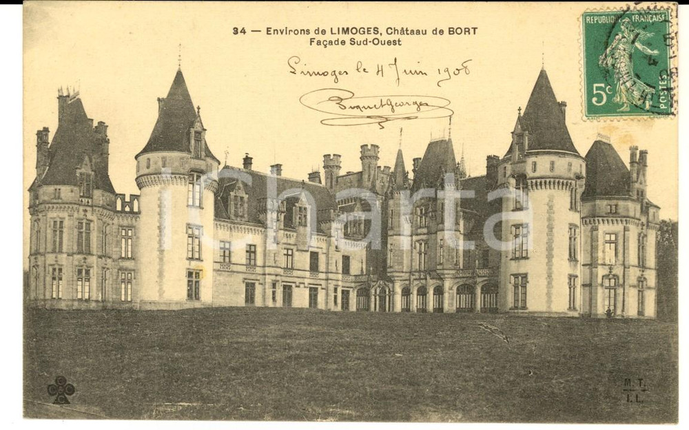 Cartolina originale da collezione 1908 LIMOGES F Castello di BORT  Facciata sudovest Cartolina VINTAGE FP VG 1
