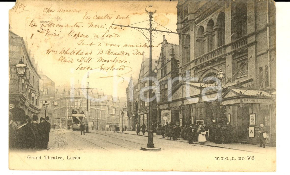 Cartolina originale da collezione 1904 LEEDS UK Grand Theatre Cartolina VINTAGE animata con filobus 1