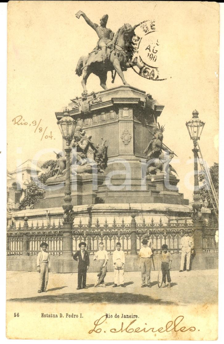 Cartolina originale da collezione 1904 RIO DE JANEIRO BRASILE Statua Don PEDRO I Cartolina ANIMATA con bambini 1