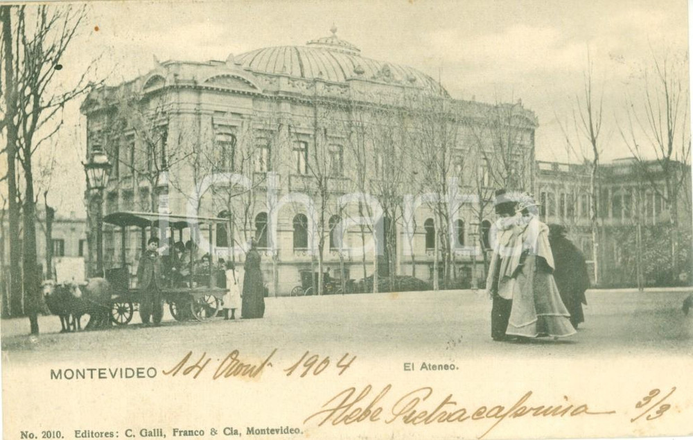 Cartolina originale da collezione 1904 MONTEVIDEO URUGUAY Carretto trainato da capre all ATENEO Cartolina FP VG 1