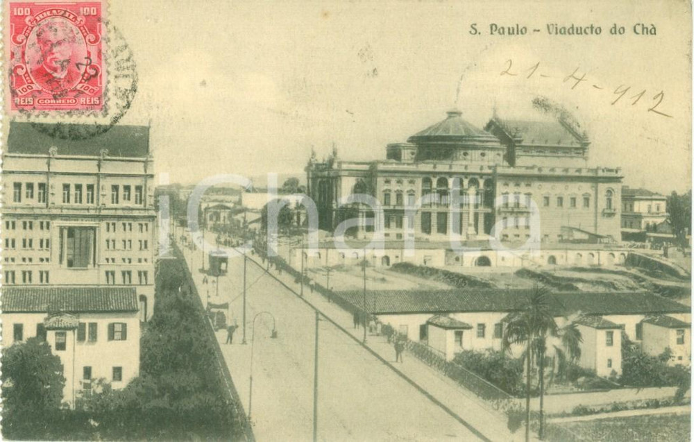 Cartolina originale da collezione 1912 SAO PAULO BRASILE Tram in Viaducto do ChÃ  Cartolina ANIMATA FP VG 1