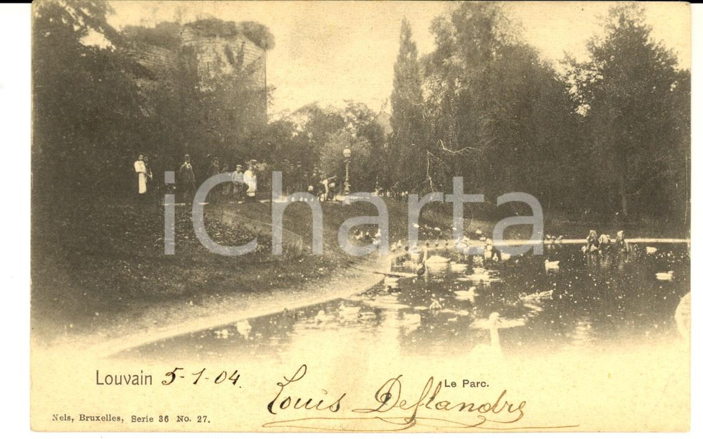 Cartolina originale da collezione 1904 LOUVAIN Belgique Uno stagno nel parco Cartolina ANIMATA con bambini 1