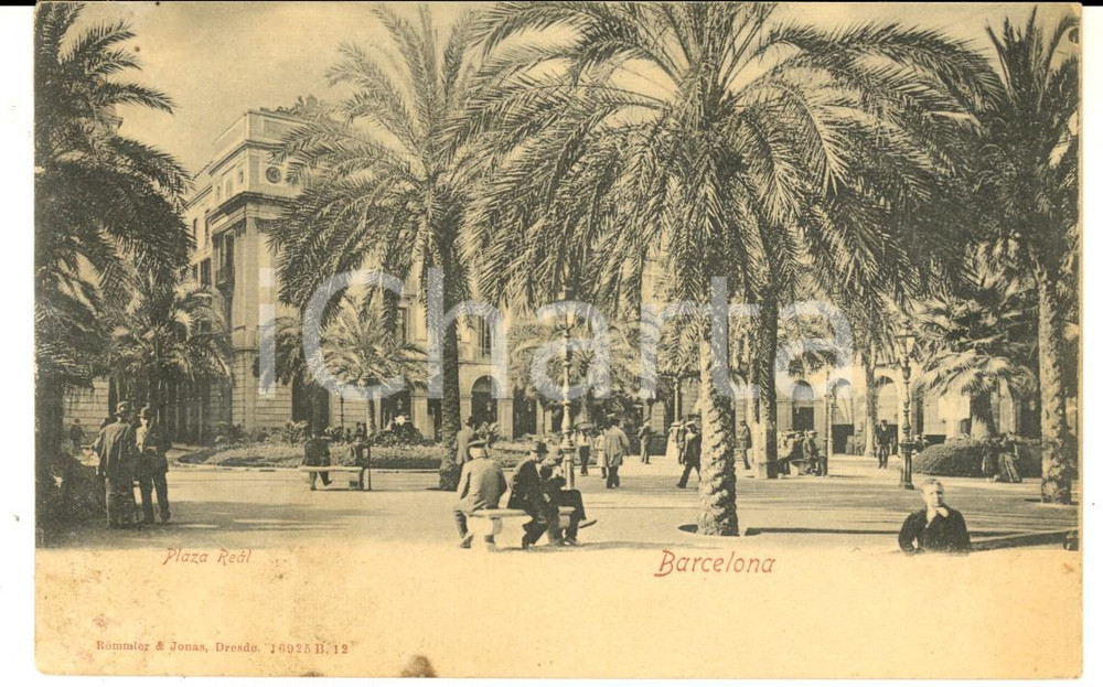 Cartolina originale da collezione 1900 ca BARCELONA ESPANA Plaza Real Cartolina VINTAGE ANIMATA DANNEGGIATA 1