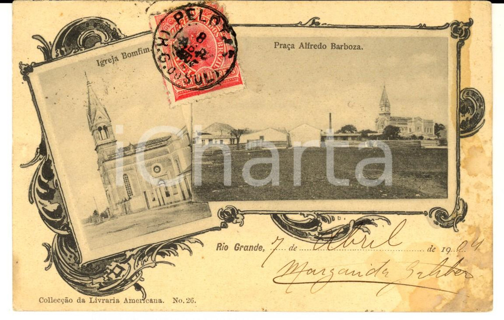 Cartolina originale da collezione 1904 PELOTAS RIO GRANDE DO SUL, BRAZIL Igreja Bomfim Cartolina VINTAGE 1