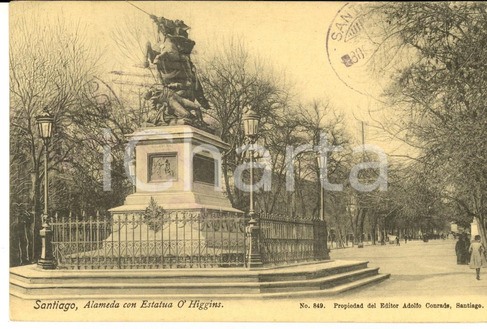 Cartolina originale da collezione 1908 SANTIAGO DE CHILE Alameda con estatua O HIGGINS Cartolina postale VINTAGE 1