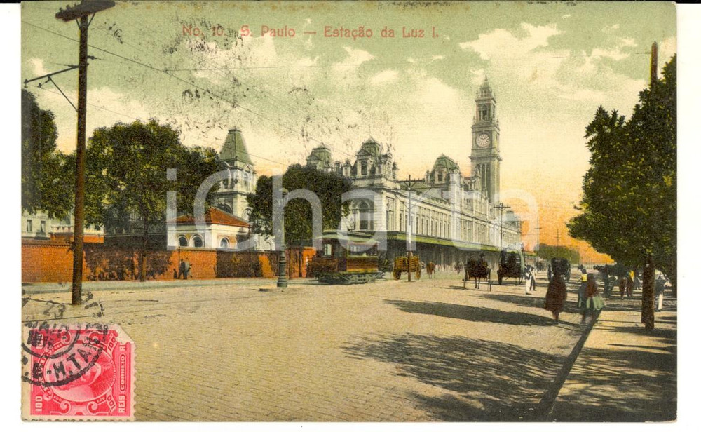 Cartolina originale da collezione 1911 SAO PAULO BRASILE EstaÃ§Ã£o DA lUZ Cartolina ANIMATA con tram FP VG 1