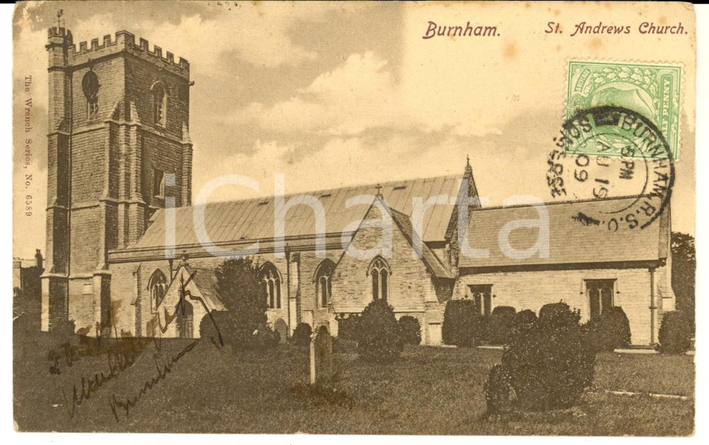 Cartolina originale da collezione 1909 BURNHAMONSEA UK St. Andrews Church Cartolina postale FP VG 1