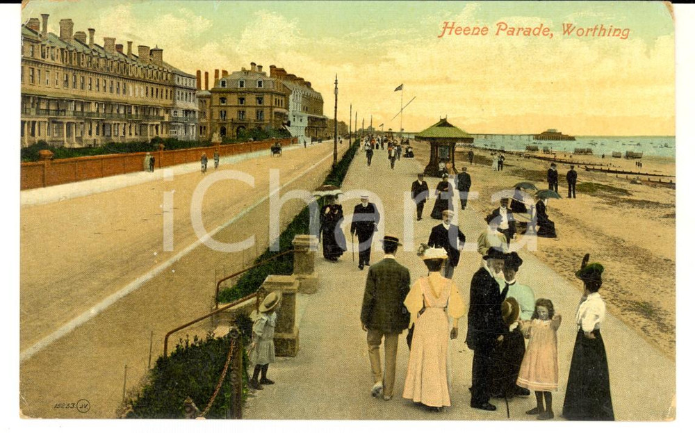 Cartolina originale da collezione 1908 WORTHING UK Heene Parade Cartolina animata VINTAGE FP VG 1