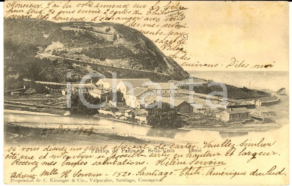 Cartolina originale da collezione 1900 ca TOME  CHILE Fabrica de paÃ±os de BELLAVISTA Tarjeta postal VINTAGE 1